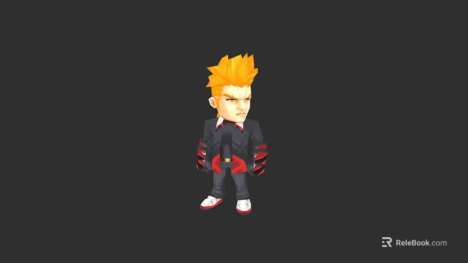 Cartoon Game Character With Orange Spiky Hair Black Suit Striped Pants And Red White Shoes 3d model 