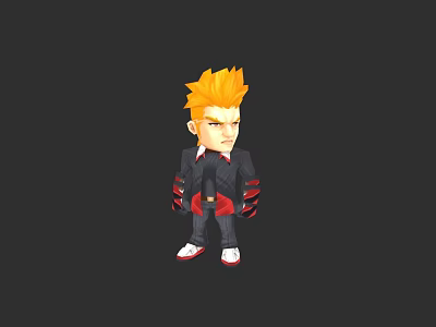 Cartoon Game Character With Orange Spiky Hair Black Suit Striped Pants And Red White Shoes 3d model
