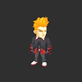 Cartoon Game Character With Orange Spiky Hair Black Suit Striped Pants And Red White Shoes