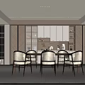 Modern Restaurant Interior With Dining Table Chairs Display Shelves And Soft Lighting 3d model