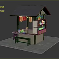 Traditional Japanese Street Stall Design With Black Roof Red Lanterns Counter And Stools