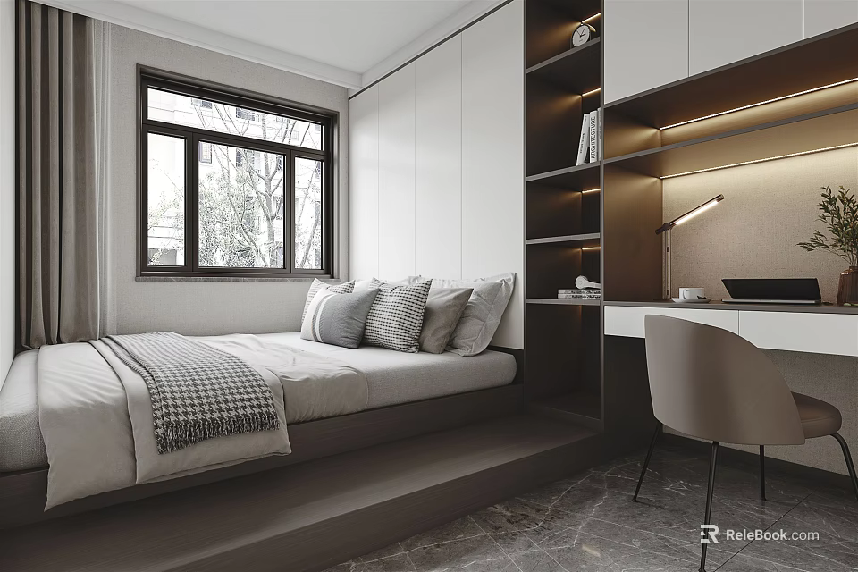 Minimalist Tatami Bedroom Interior With Bed Window Desk Chair And Shelves 3d model 