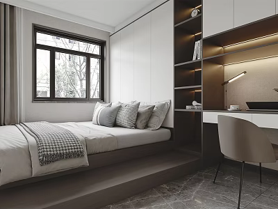 Minimalist Tatami Bedroom Interior With Bed Window Desk Chair And Shelves 3d model