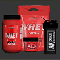 Red Whey Protein Powder Supplements With Shaker Bottle And Healthy Nutrition
