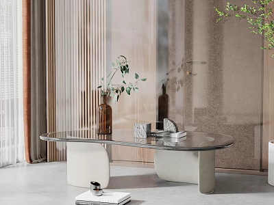 Modern Living Room Coffee Table With Unique Leg Design And Green Plant Vase On Top 3d model