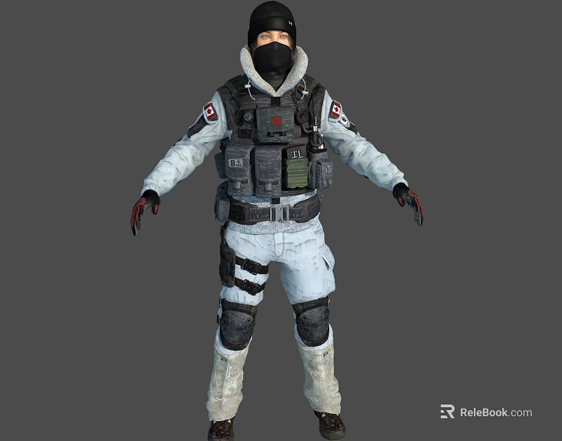 Woman In White Tactical Uniform With Black Protective Gear Gloves And Backpack 3d model 