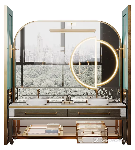 Modern Bathroom Vanity With Double Sinks Round Backlit Mirror And City Park View 3d model 