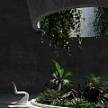 Modern Indoor Landscape With Hanging Green Plants Concrete Wall And White Chair