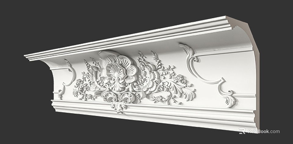 Elegant White Gypsum Cornice With Intricate Floral Carvings And Scroll Patterns 3d model 