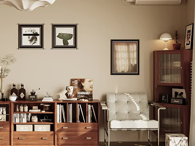 Cozy Living Room Interior With Framed Wall Art Bookshelf Armchair And Table Lamp 3d model