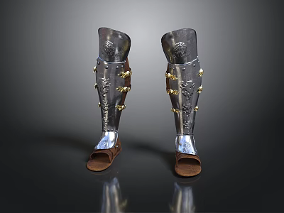 Ancient Metal Leg Armor with Silver Finish Gold Accents Leather Base and Intricate Carvings 3d model