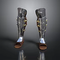 Ancient Metal Leg Armor with Silver Finish Gold Accents Leather Base and Intricate Carvings