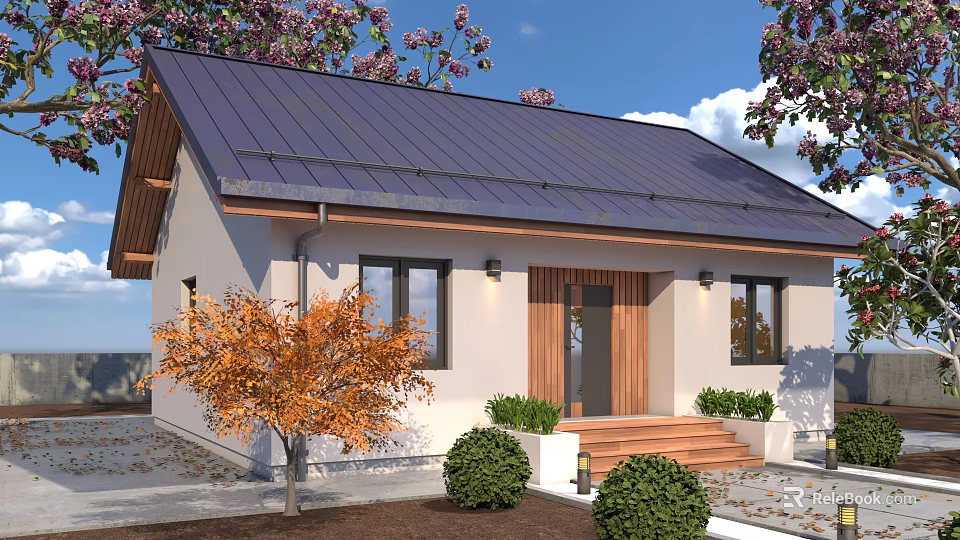 Light House Exterior With Dark Roof Wooden Door Steps Orange Leaved Tree And Green Shrubs 3d model 
