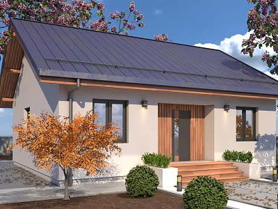 Light House Exterior With Dark Roof Wooden Door Steps Orange Leaved Tree And Green Shrubs 3d model