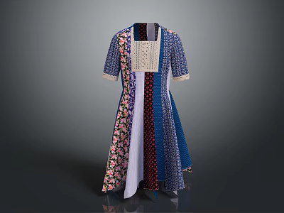 Colorful Patchwork Mid Length Dress With Short Sleeves And Floral Patterns 3d model