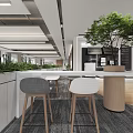Modern Open Public Office Space With Green Plant Planters Work Desks And Office Chairs