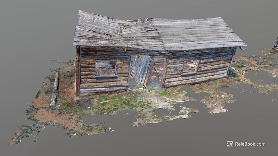 Dilapidated Old Wooden House With Broken Roof Weathered Planks And Overgrown Grass 3d model 