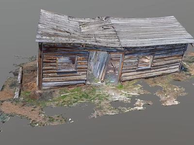 Dilapidated Old Wooden House With Broken Roof Weathered Planks And Overgrown Grass 3d model