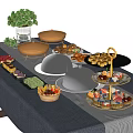 Assorted Food Buffet Setup With Silver Covered Platters Fruit Cups Cupcakes Cookies And Green Plant