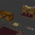 Vintage Wooden Furniture Tables With Carved Legs Drawers And Patterned Rugs