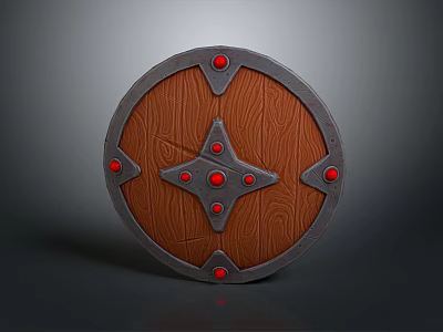 Round Wooden Shield With Metal Frame Red Accents And Star Shaped Center 3d model