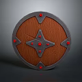 Round Wooden Shield With Metal Frame Red Accents And Star Shaped Center
