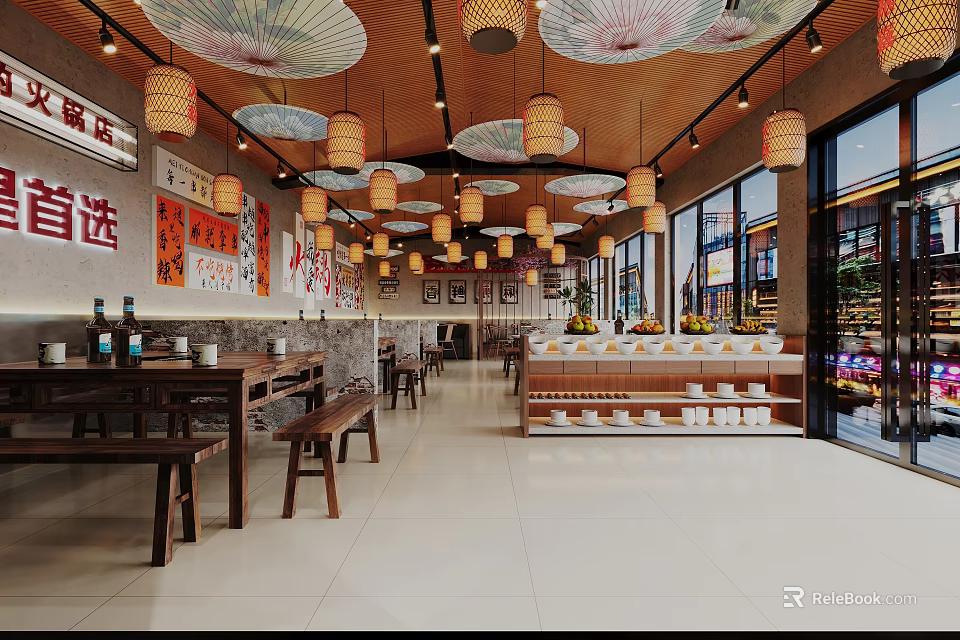 Chinese Restaurant Interior With Ceiling Umbrellas Lanterns Wooden Tables And Chairs 3d model 