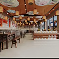 Chinese Restaurant Interior With Ceiling Umbrellas Lanterns Wooden Tables And Chairs