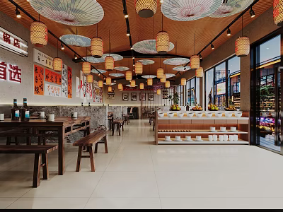 Chinese Restaurant Interior With Ceiling Umbrellas Lanterns Wooden Tables And Chairs 3d model