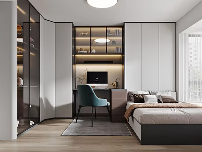 Modern Tatami Bedroom Interior With Bed Desk Teal Chair And Wooden Shelves 3d model