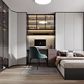 Modern Tatami Bedroom Interior With Bed Desk Teal Chair And Wooden Shelves