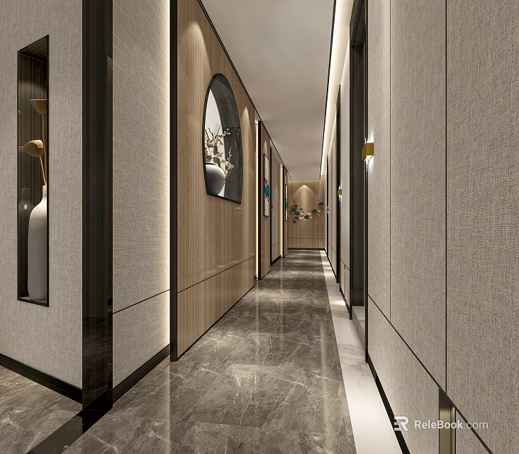 Modern Hotel Corridor With Long Passage Wooden Panels Marble Floor And Wall Lamps 3d model 