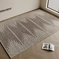 Square Area Rug with Geometric Pattern in Neutral Tones on Wooden Floor with Open Magazine