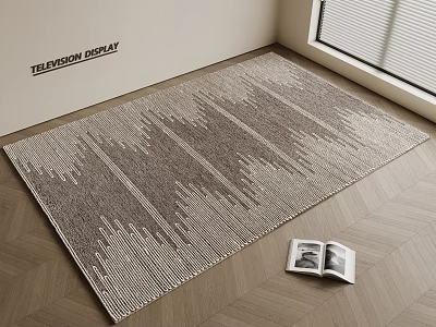 Square Area Rug with Geometric Pattern in Neutral Tones on Wooden Floor with Open Magazine 3d model