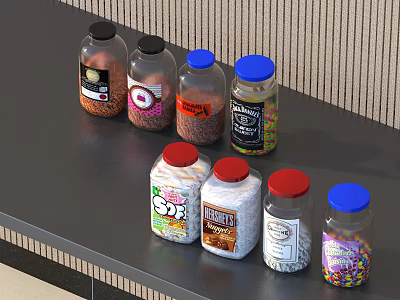 Assorted Food Storage Jars With Ingredients Barley Sugar Sprinkles And Colorful Lids On Dark Countertop 3d model