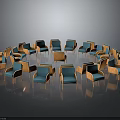 Modern Blue and Orange Chairs in Circular Arrangement With Small Center Table