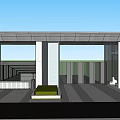 Modern Entrance Gate Structure With Bamboo Trees Glass Elements Parked Car And Pedestrians