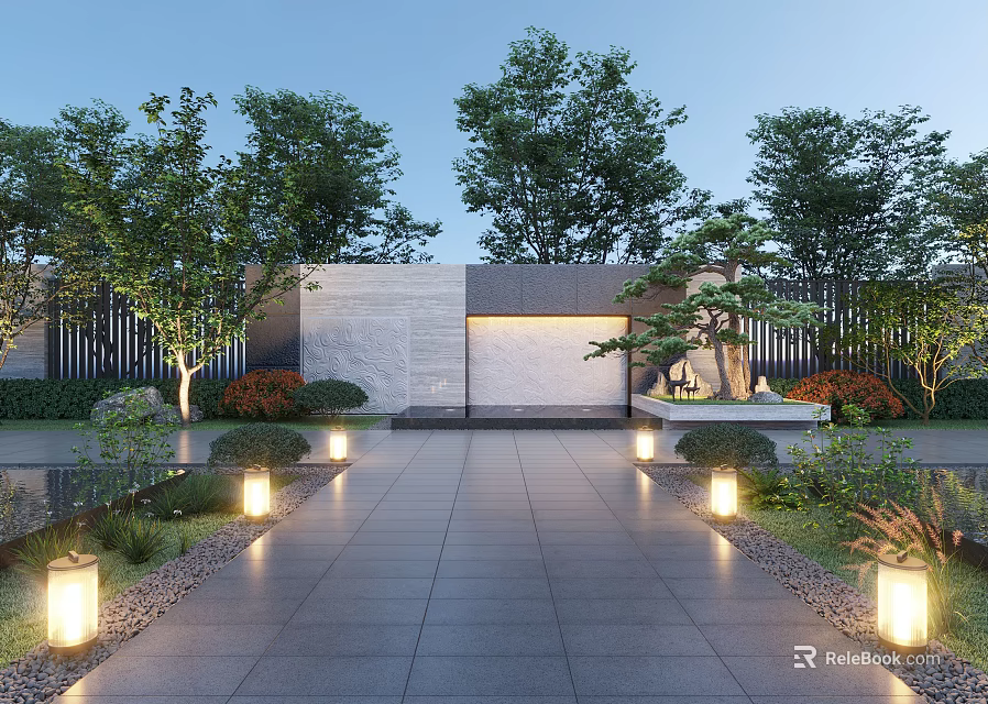 Tranquil Modern Courtyard Garden With Stone Pathway Trees Feature Wall And Landscape Lighting 3d model 
