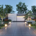 Tranquil Modern Courtyard Garden With Stone Pathway Trees Feature Wall And Landscape Lighting