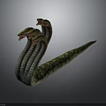 Mythical Snake With Multiple Heads And Green And Yellow Patterned Long Body On Dark Background