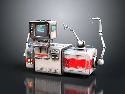 Retro Futuristic Industrial Equipment With Digital Display Control Panel And Red Accents Mechanical Arm 3d model