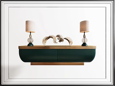 Elegant Dark Green Reception Desk With Table Lamps And Decorative Sculpture 3d model