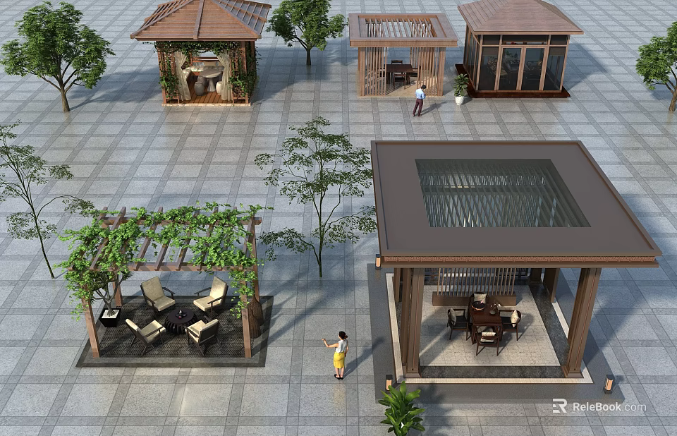 Outdoor Leisure Space With Pavilions Seating Green Vines And Stone Pavement 3d model 