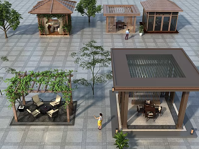 Outdoor Leisure Space With Pavilions Seating Green Vines And Stone Pavement 3d model