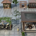 Outdoor Leisure Space With Pavilions Seating Green Vines And Stone Pavement