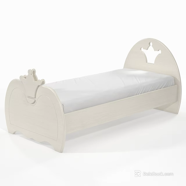White Single Bed With Crown Design On Headboard And Footboard For Kids 3d model 