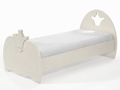 White Single Bed With Crown Design On Headboard And Footboard For Kids 3d model