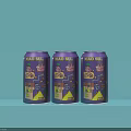 Three Vibrant Purple Kalo Sea Canned Beverages Arranged On Blue Background