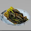 Spicy Pickled Green Yellow Vegetables on White Plate with Red Sauce