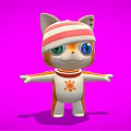 3D Cat Character with Red White Striped Hat Green Blue Eyes Sun Pattern Pink Background